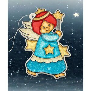 Vintage Angel Christmas Ornament Hand Painted Glitter Blue Gown Star Accents